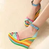 Rainbow Color Woman Sandals Platform Wedge Heel Bohemia Casual Summer Peep Toe Buckle Shoes Woman Big Size