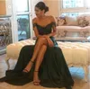 Dark Green 2017 Sexy Prom Dresses A Line Chiffon OfftheShoulder FloorLength High Side Split Lace Elegant Long Evening Dress For5683102