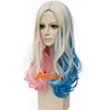 100% New High Quality Fashion Picture full lace wigs Long Wave Wig for Batman Suicide Squad Harley Quinn Cosplay Pink Blue Blonde Wig