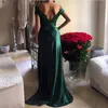 Emerald Green High Split Sexy Prom klänningar Ny ankomst från axeln En linje Vintage Lace Top Red Carpet Evening Gowns BA4296