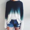 Gros- Bleu / Ivoire Fade Shirt tie-dye CHANDAIL Femmes Vintage À Manches Longues Tricots Jumper Femme O Cou Pull Pull En Tricot