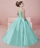 Ny Shinning Girl's Pageant Klänningar 2016 Sheer Neck Beaded Crystal Satin Mint Green Flower Girl Gowns Formell Party Dress för Teens Kids