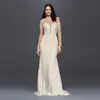 NEU! Krepp-Hochzeitskleid mit Spitzen-Schleppe, charmantes Illusions-Oberteil, perlenbesetzte Meerjungfrau-Kleider, Brautapplikationen SWG763