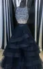Sparkly Two Piece Prom Dresses Juvel ärmlösa paljetter med pärlor Tiered Tulle Ball Gown Navy Blue Red White Prom Dress Sweet 162864003