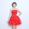 2017 New Red Evening Dresses with Bow Elegant Girls Women Bride Gown Fashion Strapless Princess Ball Prom Party Graduation Formal Dress