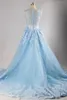 Light Sky Blue Lace Evening Dress With Detachable Cathedral Train Luxury Elegant Illusion Beading Rhinestone Real Formal Party Gowns