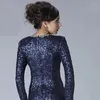 Abito da sera di paillettes blu scuro elegante e dignitoso a manica lunga sexy a coda di pesce sottile di pesce più alta di zecca nuova a collo rotondo Handma3957205