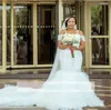 Plus Size Mermaid Trouwjurken 2018 Afrikaanse Off De Schouder Kant Applicaties Bruidsjurken Sweep Train Tulle Tiered Wedding Vestidos