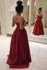 Élégantes robes de soirée rouge foncé longues 2017 une ligne sans bretelles pas cher robe de soirée formelle dos nu robes de graduation en satin