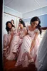 2017 ljusrosa eleganta långa brudtärna klänningar scoop neckline med spets applique ärmar kväll klänningar tillbaka dragkedja skräddarsydda prom klänningar