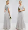 Country Long Sequins Bridesmaid Dresses 2019 Sliver Short Sleeve V Neck Plus Size Gowns Tulle A-Line Maid Of Honor Dress Maternity