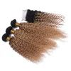 Inslagen #1B/27 Honingblond Ombre Braziliaanse Maagd Kinky Krullend Menselijk haar Weefbundels met donkere wortels Lichtbruin Ombre 4x4 Vetersluiting