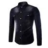 Venta al por mayor- 2016 Negro Azul Denim Color lavado Primavera Otoño Ropa Camisa de manga completa para hombres Casual Solo pecho Jean Camisas Hombres