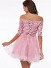 Custom fez uma linha mini mini pérola curta rosa tule fora do ombro vestidos homecoming com aplicações meia manga lace up baixo preço vestidos de festa