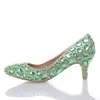 Grön Rhinestone Pumps Bröllopsfestskor Middle Heel Pekad Toe Graduation Prom Dancing Shoes Crystal Mor of Bride Shoes