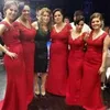 Red V-Neckline Long Mermaid Bridesmaid Dresses Sleeveless Back Covered Button Sweep Train Evening Dresses With Applique Custom Made Gowns