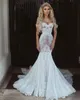 Stylish Lace Mermaid Wedding Gown Sexy Off Shoulder Sleeveless Applique Lace-Up Open Back Wedding Dress Custom Made Sweep Train Br268F