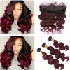 Kroppsvåg Burgundy Ombre Lace Frontal Closure 13x4 med buntar 1b / 99J Vinröd Ombre Virgin Hair Extensions med öra till öra Frontal