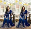 2019 Nuevo con apliques de encaje Abaya Dubai Kaftan Vestidos largos de noche formales de talla grande Azul real Vestidos de noche árabes musulmanes de cristal de lujo