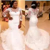 2017 Robe de Mariage Lace mais vestidos de casamento Tamanho Jewel Neck 3/4 mangas compridas sul-africanos vestidos de noiva com ver através de Voltar