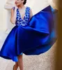 Sexy Royal Blue Short Prom Dresses Satin Deep V-Neck A-Line High Low Backless Lace Formal Evening Party Gowns 2019 Hot Selling New P201
