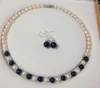 7-8mm Real White Akoya Hodowana Pearl / Lapis Lazuli Naszyjnik Zestaw Kolczyki