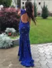 Sparkly Royal Blue Lace Evening Gowns Sequins Beaded Open Back Mermaid Prom Dress See Through Sweep Train Cocktail Party Dress