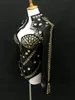 Svart vit pu läder rhinestones bodysuit hand sy kristaller jacka jumpsuit kvinnlig kostym jazz dj costumes club sångare show scen slitage