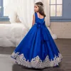New Lovely Royal Blue Pageant Dresses Princess Square Neck Satin Lace Appliques Beaded With Bow Kids Flower Girls Dress Birthday Gowns 403
