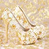 أزياء أحذية زفاف ذهبية مريحة نساء كعب منصة عالية الكعب راينستون حذاء الزفاف المصنوع يدويًا جلد حقيقي