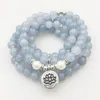 SN1205 Design Women`s 8 mm Blue Stone 108 Mala Beads Bracelet or Necklace Lotus Charm Yoga Bracelet