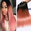 Ombre Hair Extensions Rose gold with dark roots Brazilian Straight Virgin Hair 3Pcs Soft Brazilian Ombre Rose Gold Pink Weave