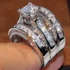 Rozmiar 5-12 Top musujące luksusowa biżuteria 925 Sterling Silver Wedding Ring Princess Cut 3 w 1 biały topaz CZ diament kobiety obrączka zestaw prezentów