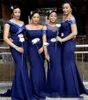 Marineblau, 4 Stile, Brautjungfernkleider, sexy, schulterfrei, Meerjungfrau, Satin, Trauzeugin-Kleid, bodenlang, formelles Partykleid für Hochzeitsgäste