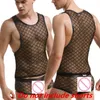 Débardeurs pour hommes Vente en gros - Sexy Black Plaid Fishnet Gay Bar Performance Shirt Fitness Mesh Transparent Undershirts Vest Taille XXL