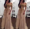 Sexy 2018 New Cheap Prom Dresses Off Shoulder Cap Sleeves Gold Lace Crystal Beaded Champagne Tulle Long Formal Party Dress Evening Gowns