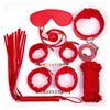 Läder Bondage Restraint Fetish Whip Rep Ögonbindel Handledsmanschetter Krage Mouth Gag Bondages kit 7 st/set vuxenprodukter sexleksaker