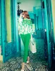 여자 티셔츠 스프링 새로운 유럽 스타일 레이디스의 녹색 잎 긴 소매 블라우스 레이스 패치 워크 쉬폰 고품질 여성 셔츠