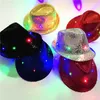 LED 파티 모자 화려한 카우보이 재즈 스팽글 모자 모자 깜박이는 어린이 성인 유니스 페스 페스티벌 코스 플레이 의상 모자 선물 6 색 wx-c19