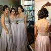 Серебряные платья для подружек невесты A-line Floor Length Cap Sleeve Illusion Назад Скромная одежда для почетных гостей 2018 года Vestido Madrinha Casamento
