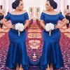 Blue Plus Size Bruidsmeisjes Jurken 2018 Satijnen Korte Mouwen Mermaid Maid of Honour Jurken Hoge Low Wedding Gast Prom Party Jurk