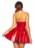 Nero/rosso lucido da donna sexy con scollo a V in PVC vestito da festa in costume con scollo all'americana mini abito pieghettato senza maniche abito a pieghe taglia S-5XL