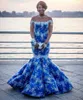 Magnifiques robes de bal sirène bleues avec dentelle blanche et appliques col bateau manches longues jolies robes de soirée 2017 robes de soirée formelles de charme