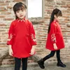 Estilo chinês Meninas Cheongsam Vestidos Bordados 2018 Outono Inverno Ano Novo Vestido Crianças Roupas de Bebê Roupas de Menina Roupa Das Crianças Grossas