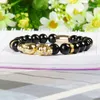 Biżuteria Moda Hurtownie 8mm Faceted Blue and Black Agate Stone Micro Pave Dwuosobowa Czaszka Zroszony Bransoletki Dla Mężczyzn