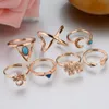 Cluster Ringe Böhmischen Stil 7 teile / los Vintage Anti Gold Silber Ringe Geometrische Blau Stein Elefanten Mond Pfeil Glück Ringe Set für Frauen