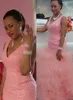 ピンクVネックウエディングドレス2K18スパンコールビーズマーメイドイブニングガウンプラスサイズチュールRuched Sheer Backアフリカ女性正社ドレス