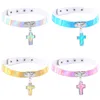 Laser Rainbow Leather Choker Necklace Collars with Jesus Cross Pendant Women Fashion Slave hip hop Jewelry will and sandy drop ship