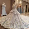 Abiti da sposa con applicazioni floreali di lusso 2018 Collo alto trasparente senza maniche con fiocco Abiti da sposa peplo Abiti da treno vintage senza schienale