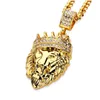 Personalized Crown Lion Head Pendant Necklace for Men Long Chain Necklace 14K Gold Plated Rhinestone Hip Hop Jewelry Party Gift